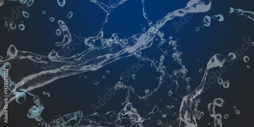 Splash and drops of water on a blue background. World of bubbles - Blue. Abstract fresh soda and air bubbles, oxygen, champagne crystal. Raindrops on a dark background .