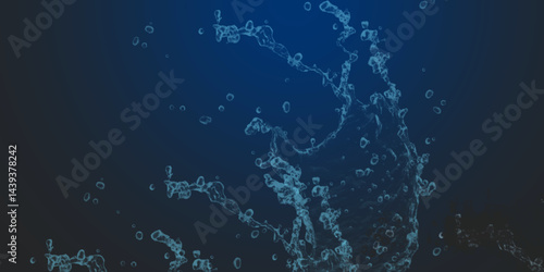 Splash and drops of water on a blue background. World of bubbles - Blue. Abstract fresh soda and air bubbles, oxygen, champagne crystal. Raindrops on a dark background .