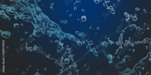 Splash and drops of water on a blue background. World of bubbles - Blue. Abstract fresh soda and air bubbles, oxygen, champagne crystal. Raindrops on a dark background .