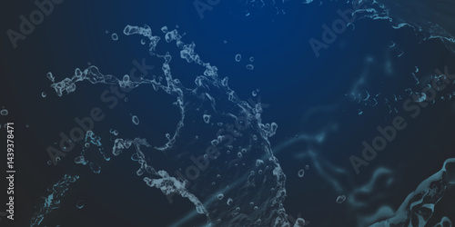 Splash and drops of water on a blue background. World of bubbles - Blue. Abstract fresh soda and air bubbles, oxygen, champagne crystal. Raindrops on a dark background .