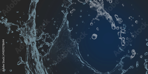 Splash and drops of water on a blue background. World of bubbles - Blue. Abstract fresh soda and air bubbles, oxygen, champagne crystal. Raindrops on a dark background .