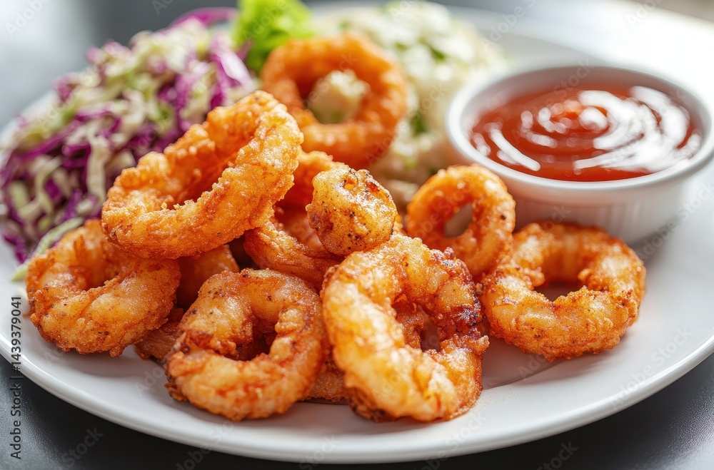 Crispy Fried Onion Rings with Fresh Salad and Dipping Sauce on a White Plate, Perfect for Appetizers or Snack Platter in Casual Dining Setting Crispy Fried Onion Rings with Fresh Salad and Dipping Sauce on a White Plate, Perfect for Appetizers or Snack Platter in Casual Dining Setting
