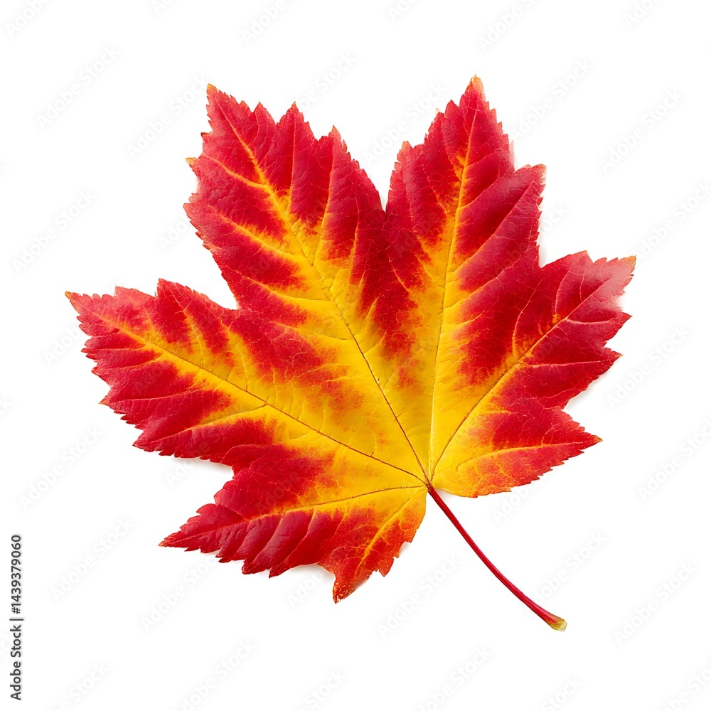 Fototapeta premium A vibrant autumn maple leaf, featuring red and yellow colors, isolated on a clean white background