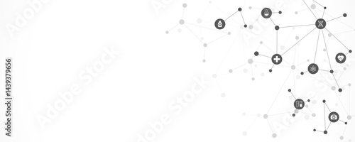 Medical background and healthcare technology with flat icons and symbols. Concept and idea for health care business, innovation medicine, health safety, science, medical research, and development.