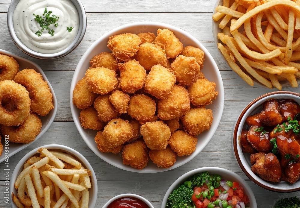 Crispy Fried Snacks Variety with Dipping Sauce on Wooden Table - Ideal for Parties and Gatherings Featuring Chicken Nuggets, Fries, and Onion Rings Crispy Fried Snacks Variety with Dipping Sauce on Wooden Table - Ideal for Parties and Gatherings Featuring Chicken Nuggets, Fries, and Onion Rings