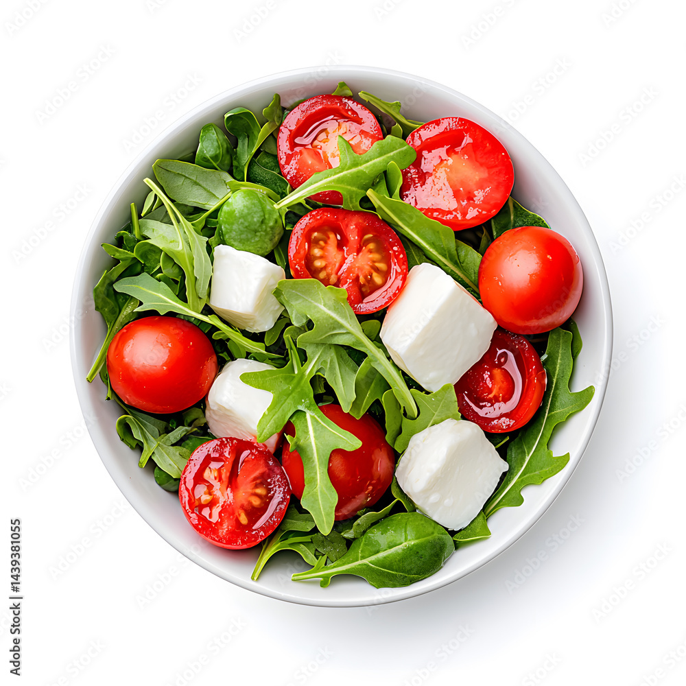 Product photo of caprese rocket salad, white background, top view