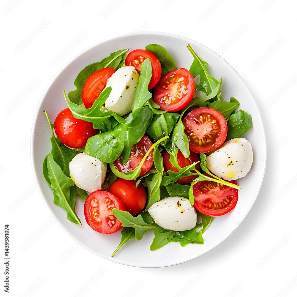 Product photo of caprese rocket salad, white background, top view