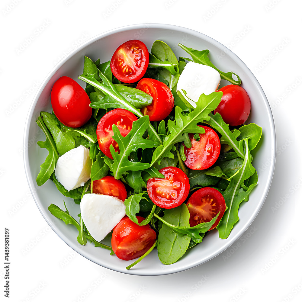 Product photo of caprese rocket salad, white background, top view
