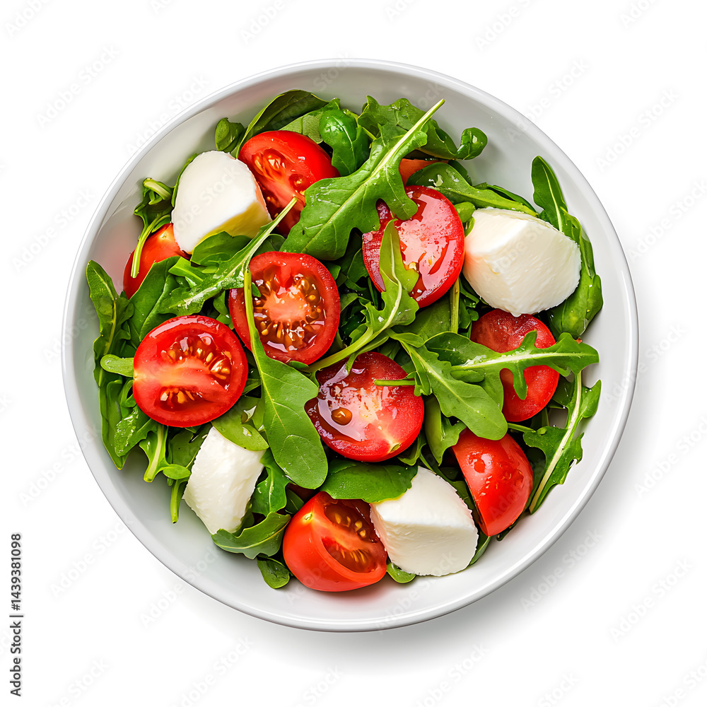 Product photo of caprese rocket salad, white background, top view