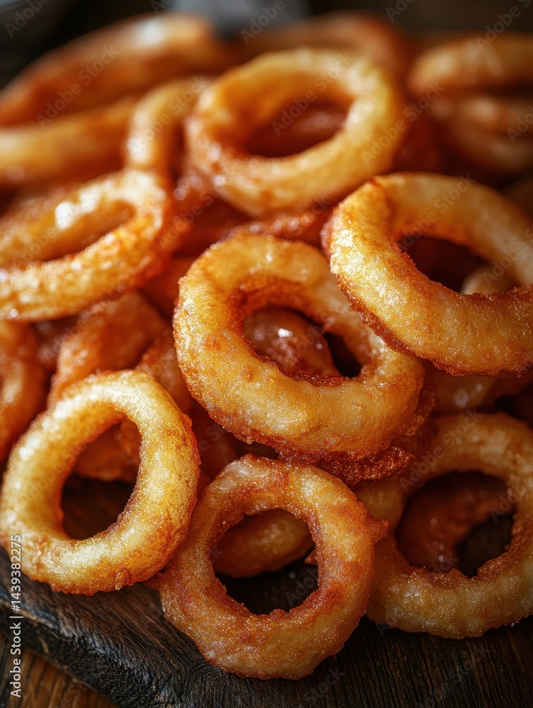 Crispy Golden Fried Onion Rings Served on a Rustic Wooden Board with a Deliciously Crunchy Texture and Warm, Mouthwatering Appeal Crispy Golden Fried Onion Rings Served on a Rustic Wooden Board with a Deliciously Crunchy Texture and Warm, Mouthwatering Appeal