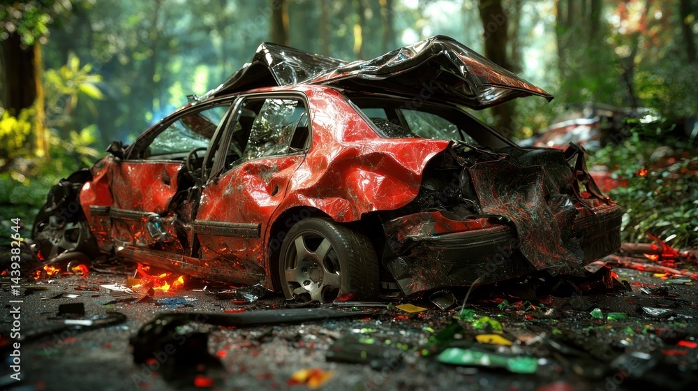 Fototapeta premium Damaged car wreck in a tropical forest, debris everywhere, accident scene
