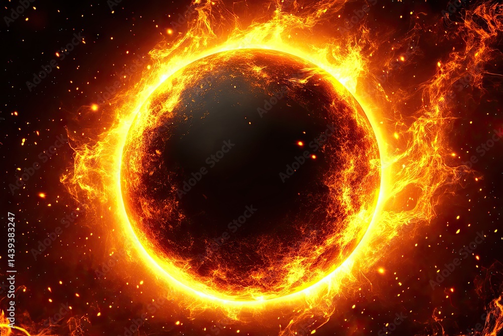 Fiery celestial sphere engulfed in cosmic flames Fiery celestial sphere engulfed in cosmic flames
