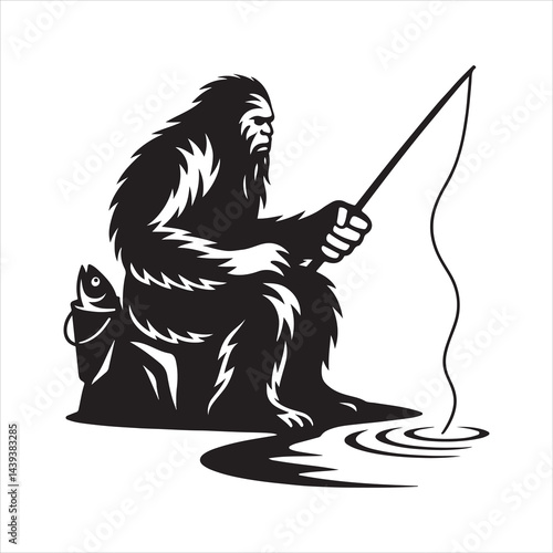 Black and white silhouette of Bigfoot (Yeti) sitting on a rock, fishing with a visible water ripple where the fishing line enters the lake