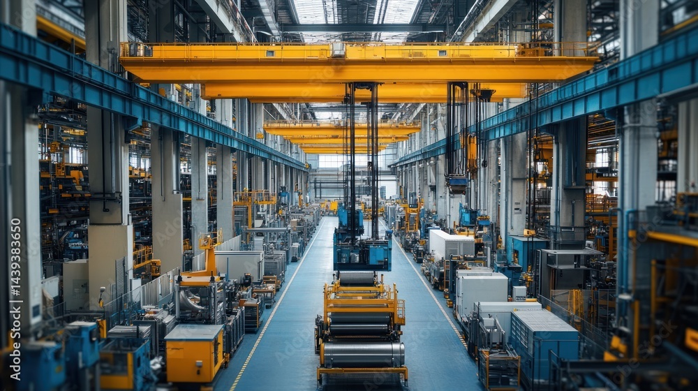 a detailed view inside a vast manufacturing plant showcasing overhead cranes and advanced machinery illustrating industrial precision and streamlined production a detailed view inside a vast manufacturing plant showcasing overhead cranes and advanced machinery illustrating industrial precision and streamlined production
