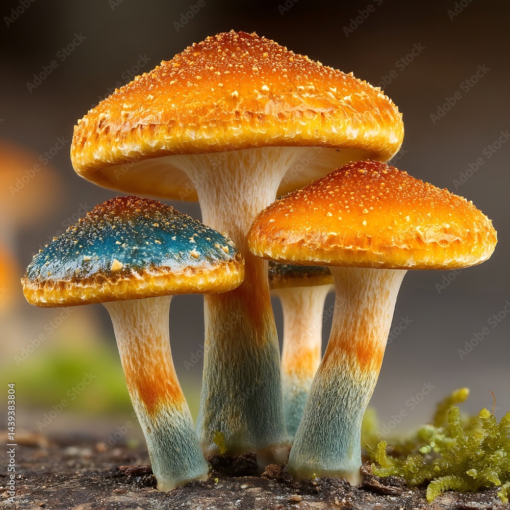Obraz premium A collection of orange and blue mushrooms.