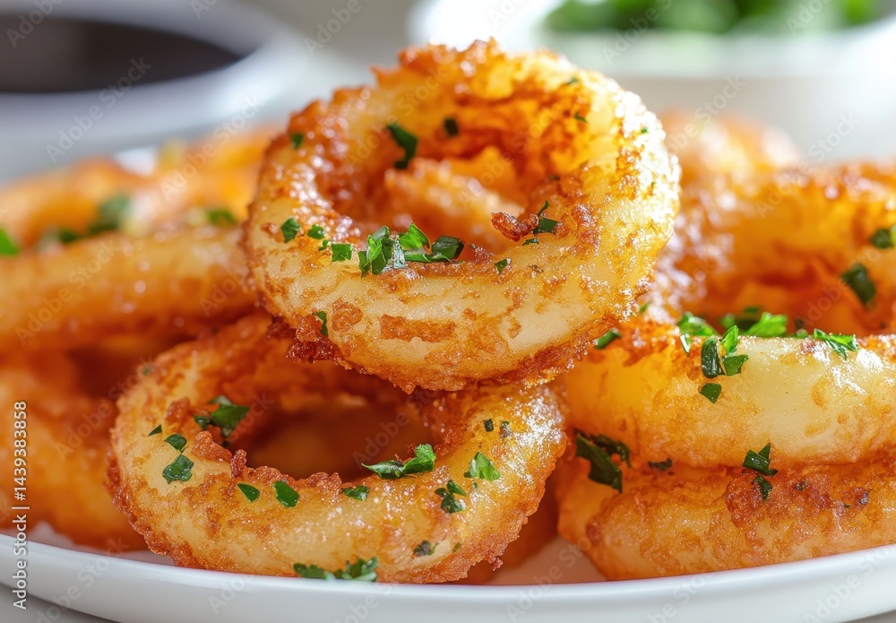 Crispy Golden Onion Rings Garnished with Fresh Herbs Served on a White Plate in a Warm Culinary Setting Crispy Golden Onion Rings Garnished with Fresh Herbs Served on a White Plate in a Warm Culinary Setting