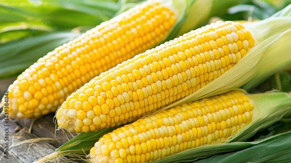 Three ears of golden corn with green husk leaves Three ears of golden corn with green husk leaves