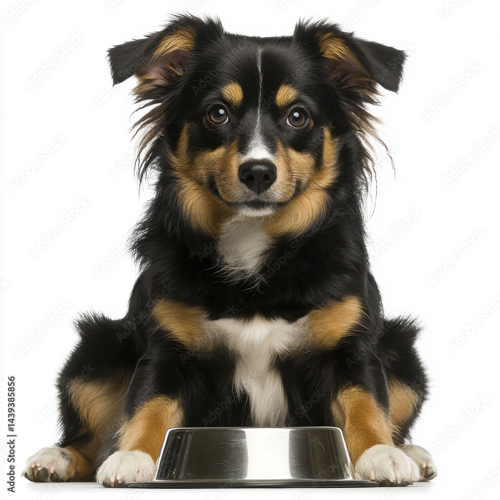 Beautiful Dog Sitting Patiently Behind a Shiny Metal Bowl Waiting for Food on a White Background Beautiful Dog Sitting Patiently Behind a Shiny Metal Bowl Waiting for Food on a White Background