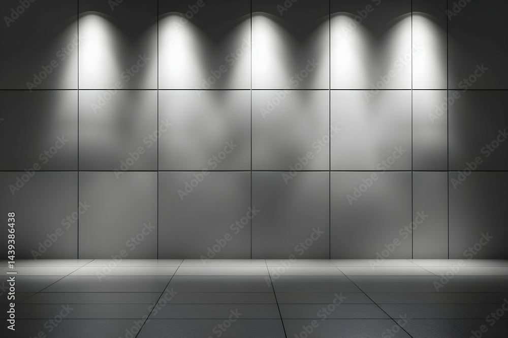 Minimalistic empty wall with large light grey tiles and soft ambient lighting. Minimalistic empty wall with large light grey tiles and soft ambient lighting.