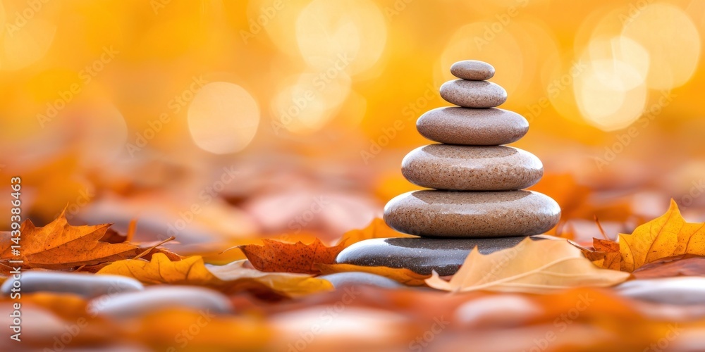 Obraz premium Balanced Stones Amidst Autumn Leaves Peaceful Serenity