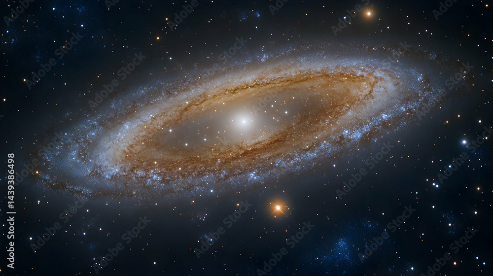 Obraz premium A swirling cosmic island of stars Hues of gold and blue light years away in space among countless stars
