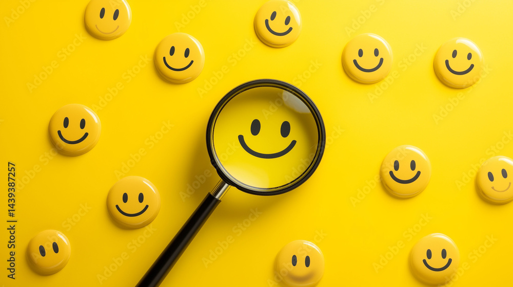 Fototapeta premium Zooming In on a Smiling Emoticon Surrounded by Feedback Faces for Customer Review Satisfaction Concept (1)