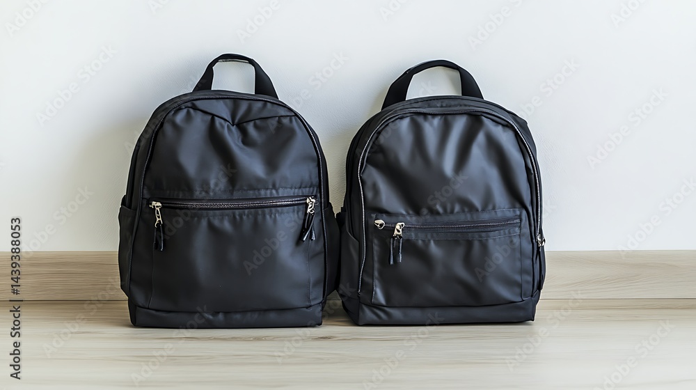 Naklejka premium Two black backpacks on a light floor