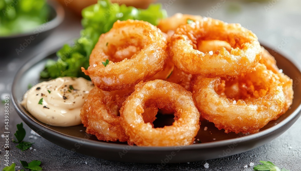 Crispy Golden Onion Rings Served with Fresh Green Lettuce and Creamy Dipping Sauce on a Rustic Table Setting Crispy Golden Onion Rings Served with Fresh Green Lettuce and Creamy Dipping Sauce on a Rustic Table Setting
