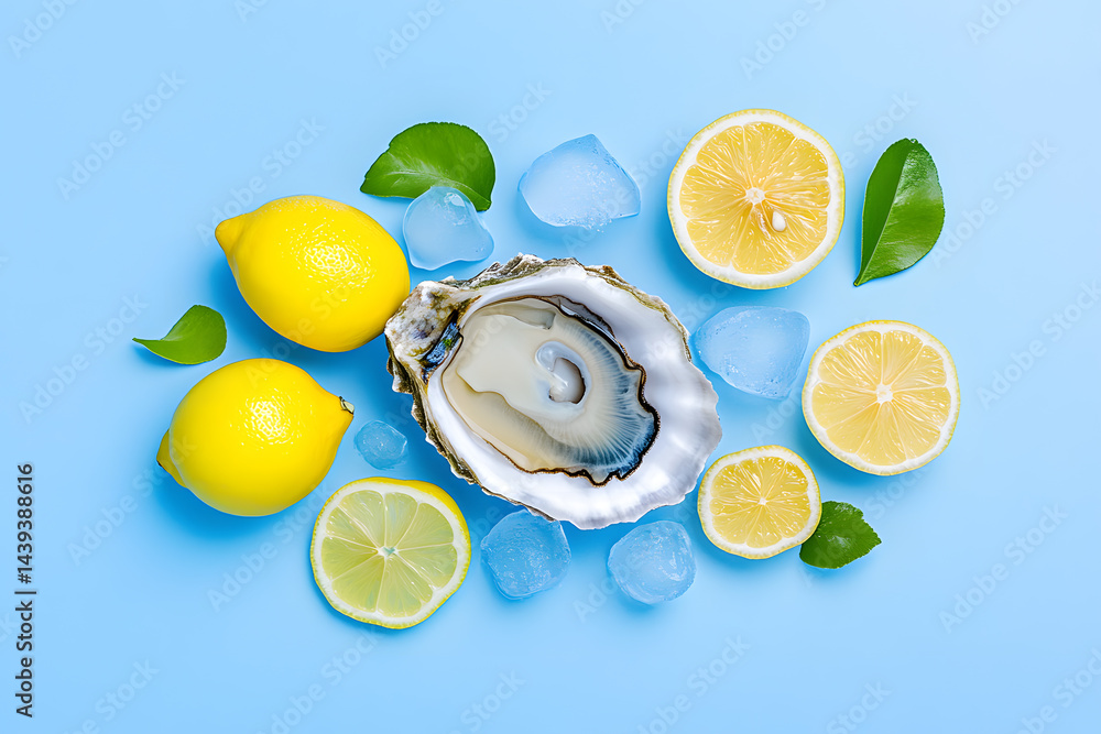 Oyster with lemons and ice on blue background