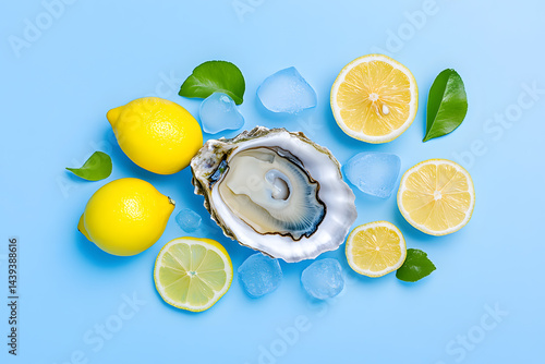 Obraz na płótnie Oyster with lemons and ice on blue background w salonie