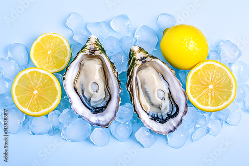 Oyster with lemons and ice on blue background