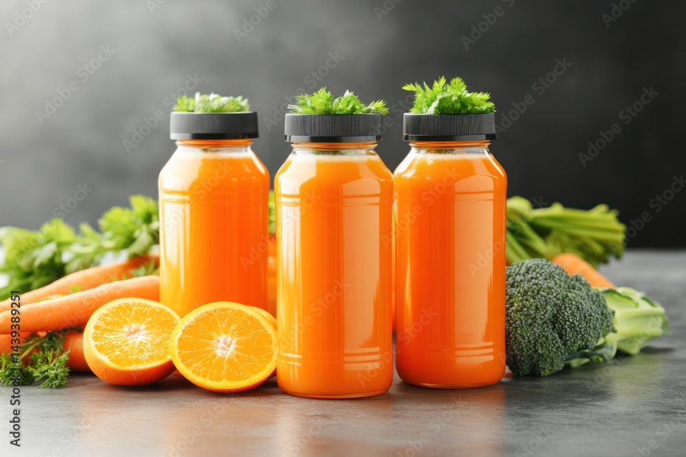 Three Bottles of Fresh Carrot Juice With Vegetables Three Bottles of Fresh Carrot Juice With Vegetables