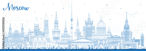 Outline Moscow Russia city skyline with blue buildings. Moscow cityscape with landmarks. Travel and tourism concept with modern and historic architecture.