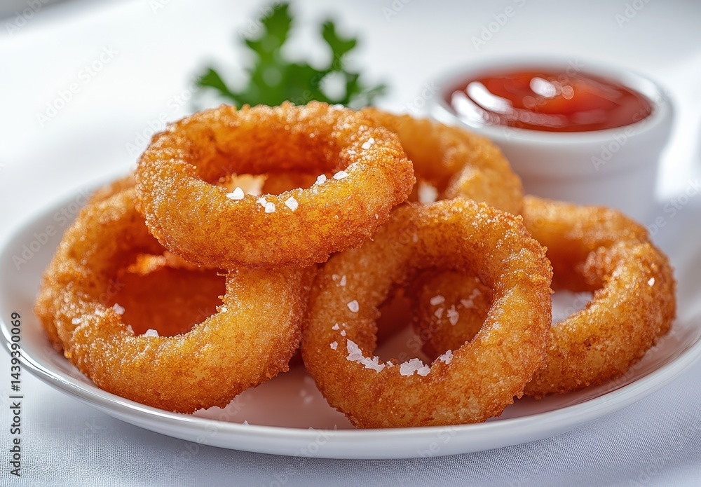 Crispy Golden Onion Rings Served with Tangy Ketchup and Fresh Green Garnish on a White Plate in a Restaurant Setting Crispy Golden Onion Rings Served with Tangy Ketchup and Fresh Green Garnish on a White Plate in a Restaurant Setting