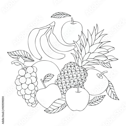 Mixed Tropical and Temperate Fruits: Grapes, Apples, Pineapples Line Art