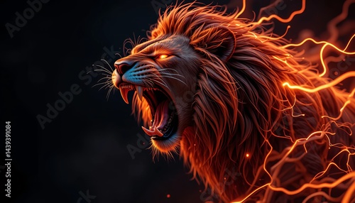 Roaring Dangerous Angry Aggressive Hunting Lion Animal Plexus Neon Black Background Digital Desktop Wallpaper HD 4k Network Light Glowing Laser Motion Bright Abstract.