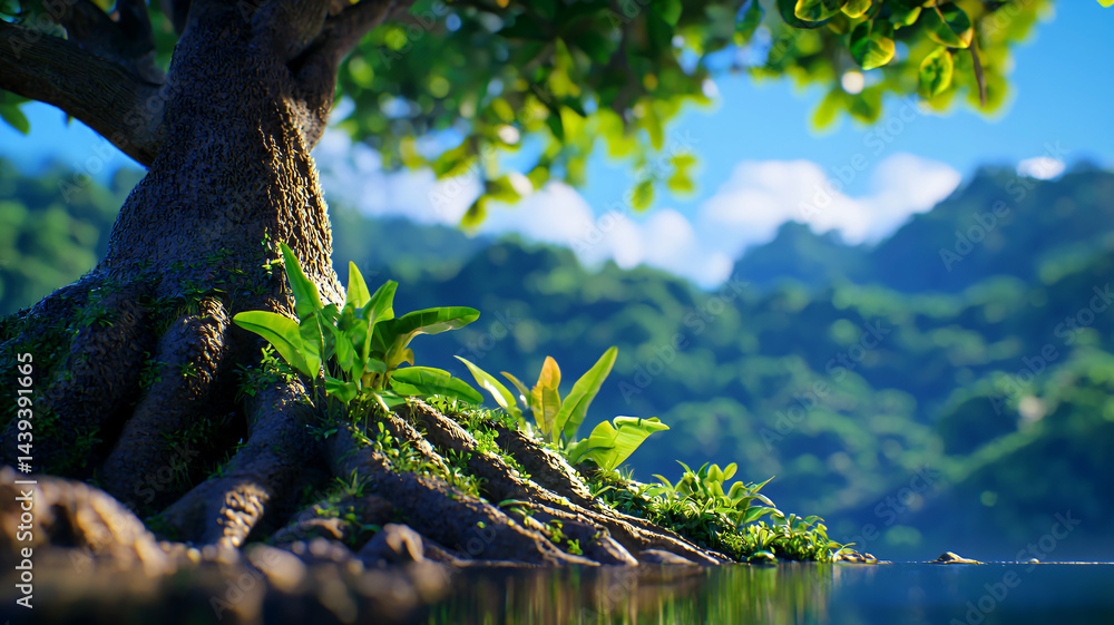 Fototapeta premium serene tree with lush green leaves stands by tranquil body of water, surrounded by vibrant foliage and distant hills