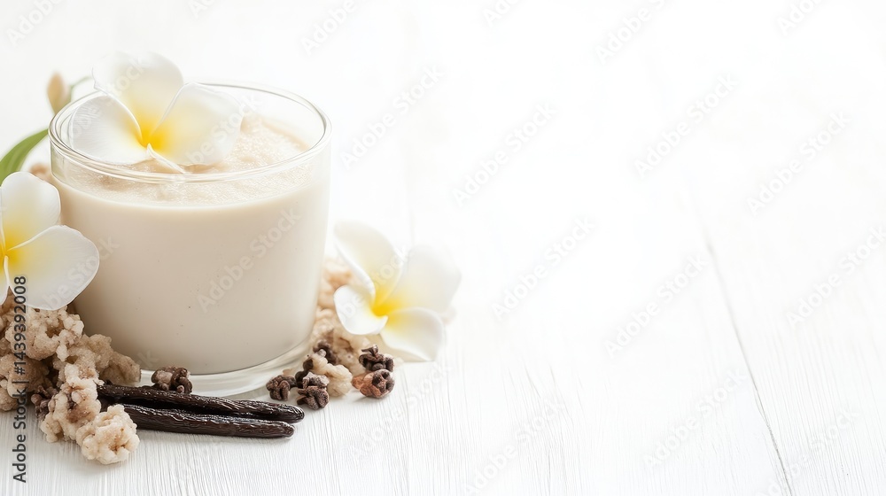 Creamy vanilla smoothie in a glass, garnished with plumeria flowers and vanilla beans Creamy vanilla smoothie in a glass, garnished with plumeria flowers and vanilla beans