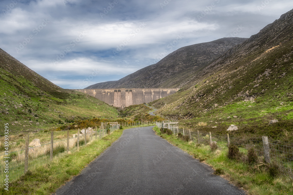 A charming pathway gently winds through an inviting, vibrant Silent Valley Reservoir, showcasing a substantial dam nestled among the rolling green hills beneath a tranquil cloudy sky, Northern Ireland