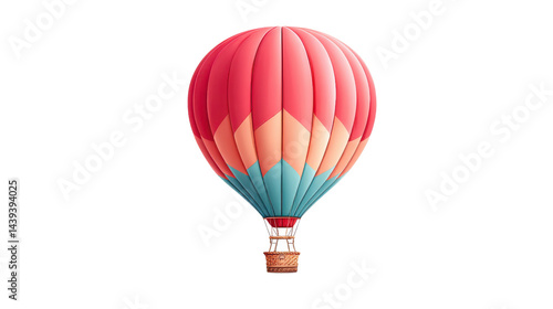 A vividly colored hot air balloon floats gently against a plain white background creating a whical and inviting feeling of adventure and freedom in the sky.