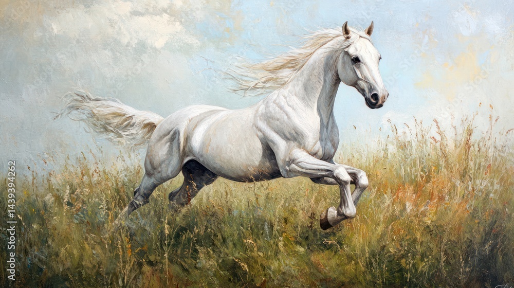 White horse running in a field, artistic painting White horse running in a field, artistic painting