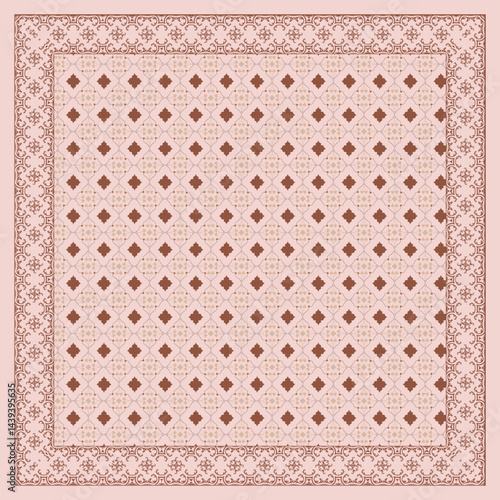 Hijab scarf flower abstract pattern.Ethnic geometric ornament with frame motif border hijab pattern.Design for fabric,print,scarves,shawl,kerchief,bandana,clothing,pareo,pillows,tablecloth.