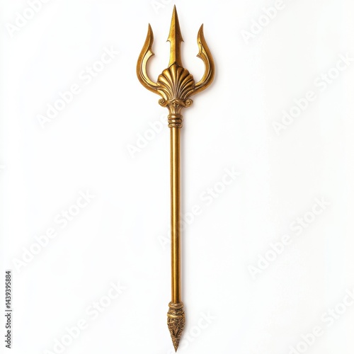 Golden trident with shell detail on white background