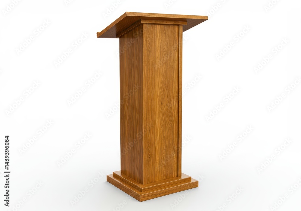 Wooden lectern or podium stands on a white background, ready for a speaker to address an audience Wooden lectern or podium stands on a white background, ready for a speaker to address an audience