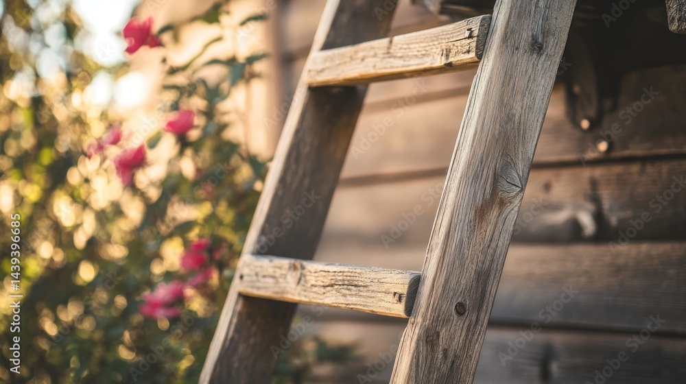 A weathered wooden ladder leans against a rustic garden backdrop A weathered wooden ladder leans against a rustic garden backdrop