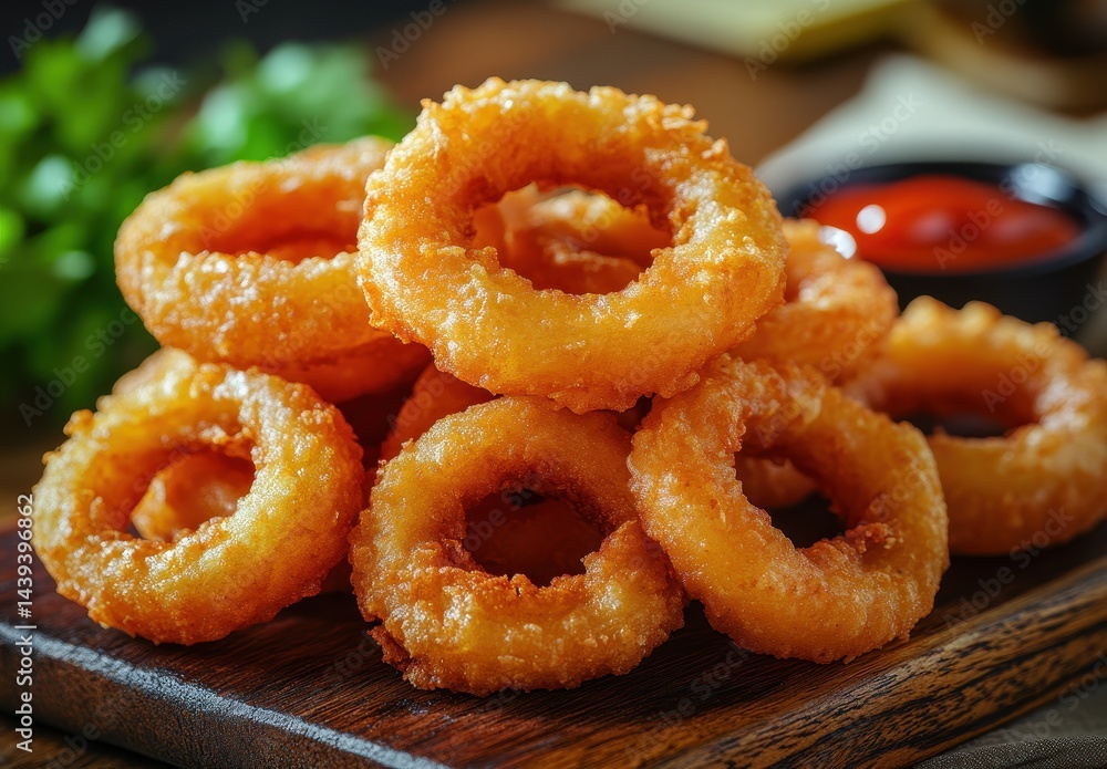 Crispy Onion Rings Stack Served with Tomato Sauce on a Wooden Cutting Board Garnished with Fresh Greens and Relaxed Dining Atmosphere Crispy Onion Rings Stack Served with Tomato Sauce on a Wooden Cutting Board Garnished with Fresh Greens and Relaxed Dining Atmosphere