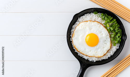 Top view frying pan with fried eggs with rice and chopped green onions 