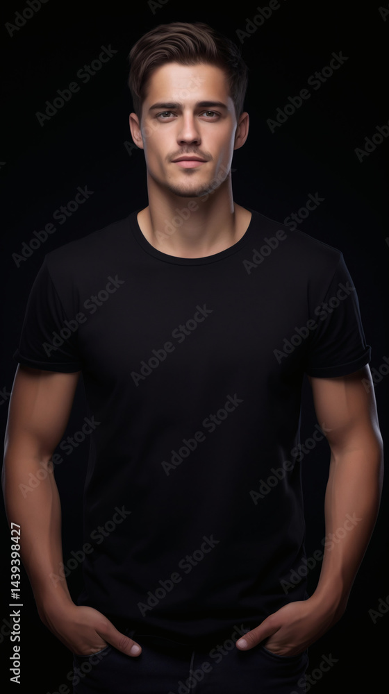 Naklejka premium Confident Young Man in Black T-Shirt Against Dark Background Studio Portrait