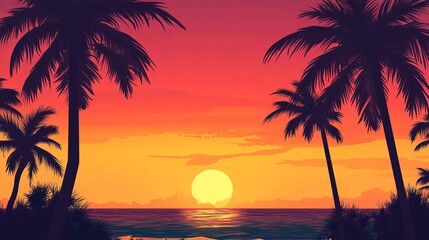 Stunning tropical sunset beach scene with silhouettes of palm trees sky red art warm calm ocean image