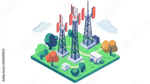 Digital Illustration of Cellular Communication Towers with Trees and Clouds in a Vibrant Landscape